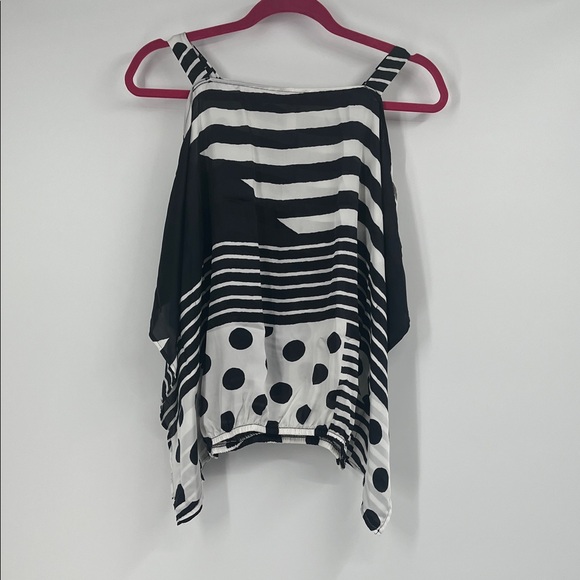 Black and White Striped Polka Dot Cold Shoulder Top - Picture 3 of 10